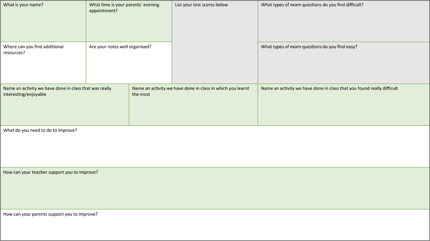 student reflection sheet